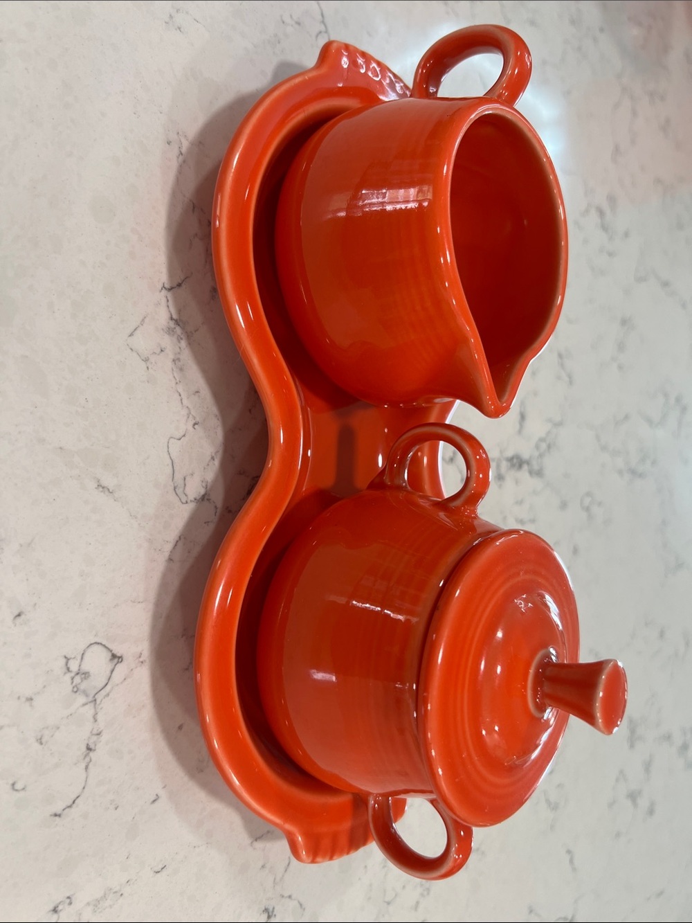 Fiestaware Bright Orange (poppy) Ceramic Creamer and Sugar Set with Tray